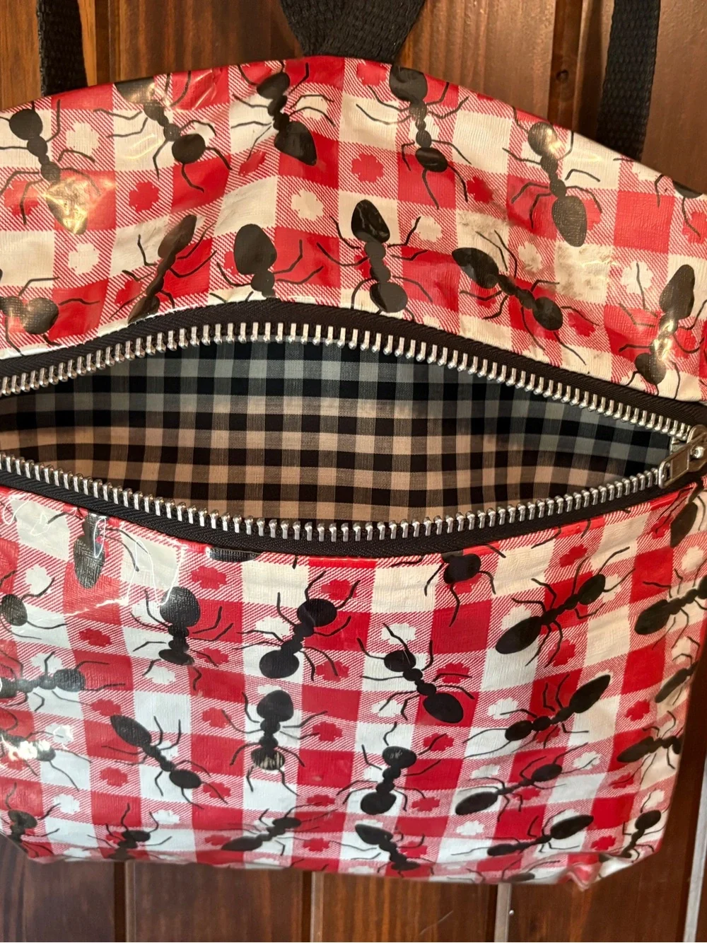VTG 90s Picnic Ant Print Backpack Purse Denim Laminated Grunge Kitsch